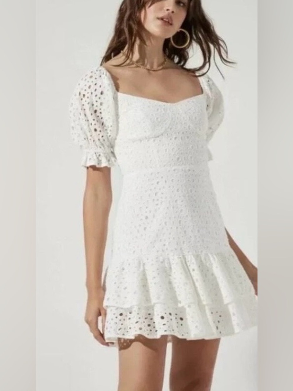 NWT ASTR THE LABEL Roseville White Pointelle Eyelet Mini Dress Ruffle Size L